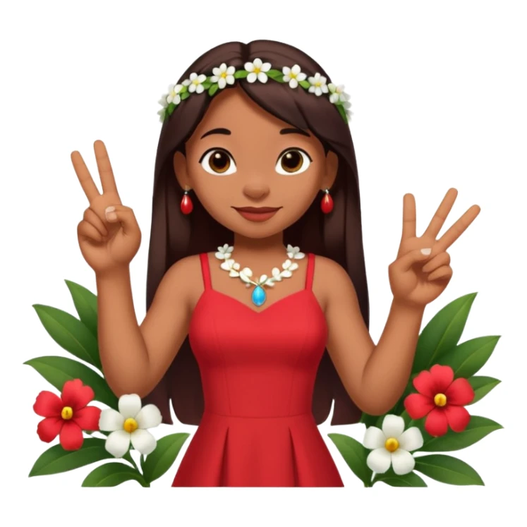 Lilo from Lilo & Stitch, in a red dress with white flowers, making a shaka sign sticker