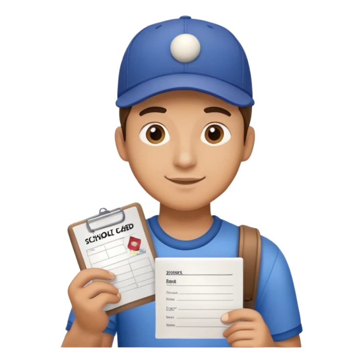 Man with a baseball cap holding a report card from scho sticker