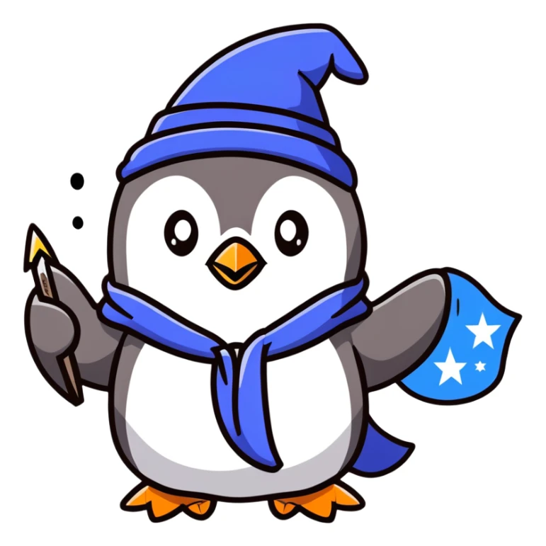A penguin in a blue wizard robe and pointy hat with stars, casting a magical spell sticker
