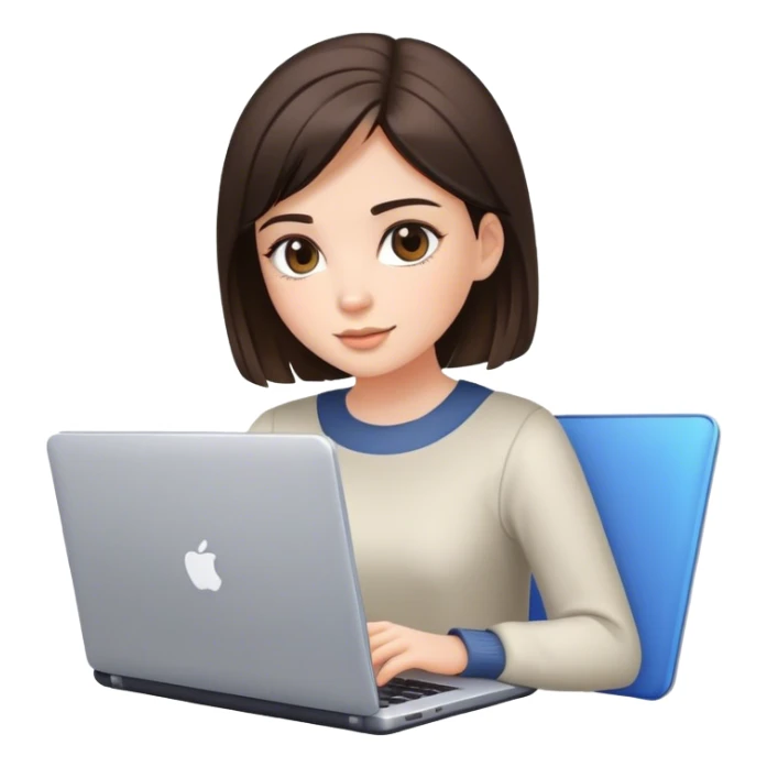 a brunette girl with a square hairstyle, with a laptop sticker