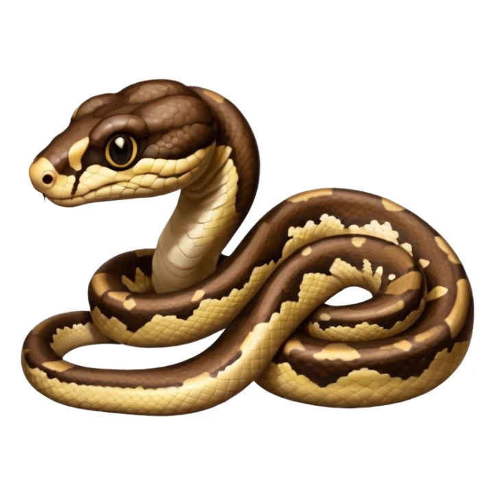 A photo-realistic digital illustration of a Ball Python, chest upward, with a short, rounded head, thick body, and a calm, curious expression. It has a warm brown base color with irregular dark blotches shaped like “alien heads,” and matte-textured scales that emphasize its small, stocky form. sticker