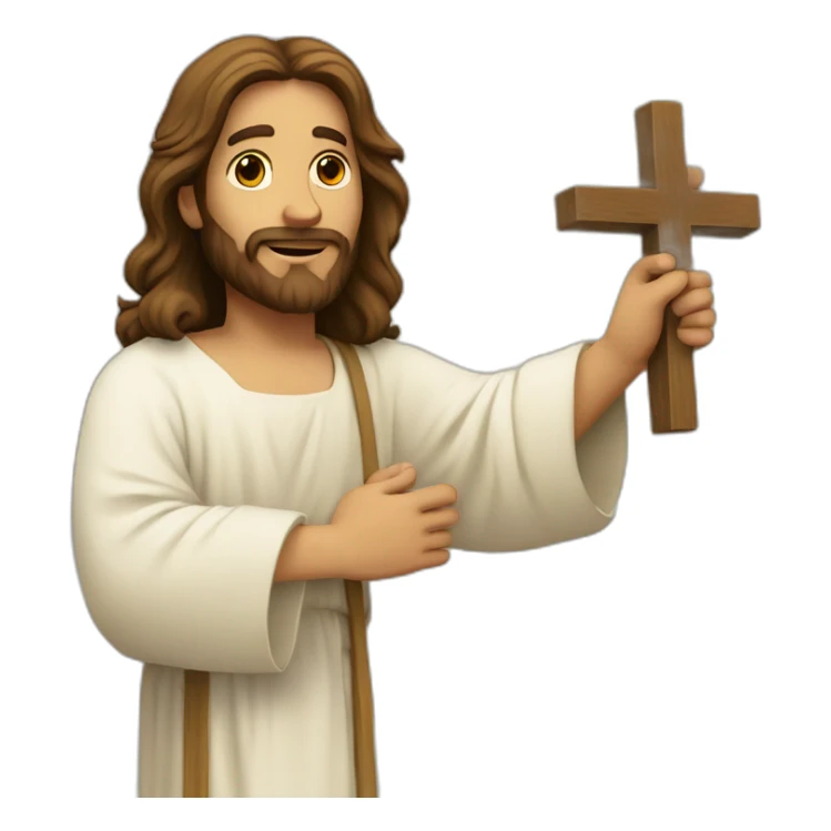 Jesus with his hand up holding a cross sticker