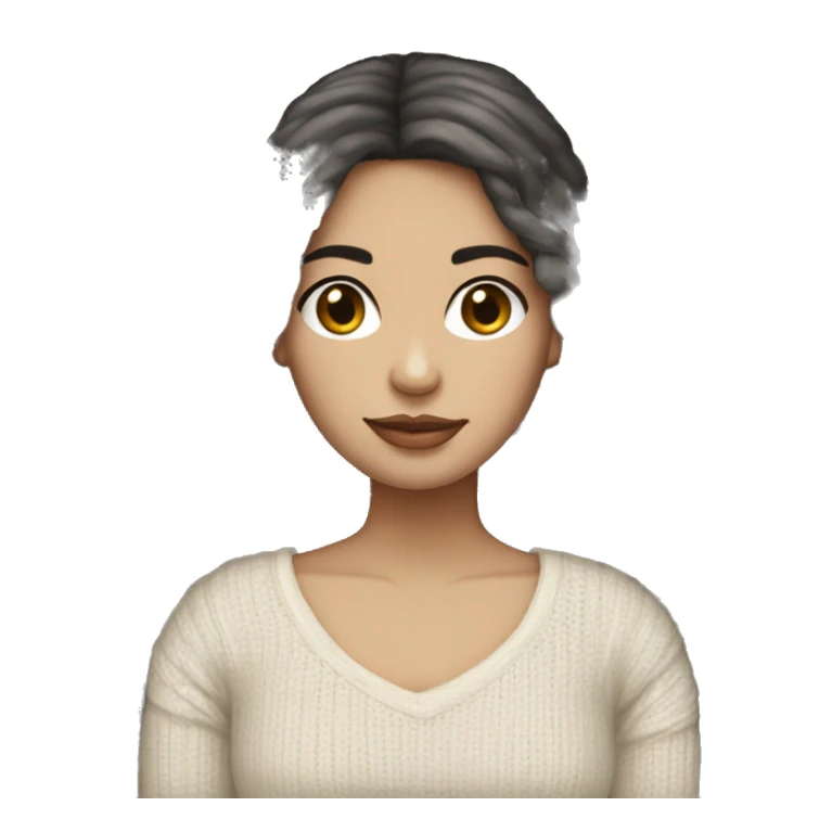 Female with long black hair and curtain bangs, medium white skin colour, stripped tshirt, crocheting a jumper sticker