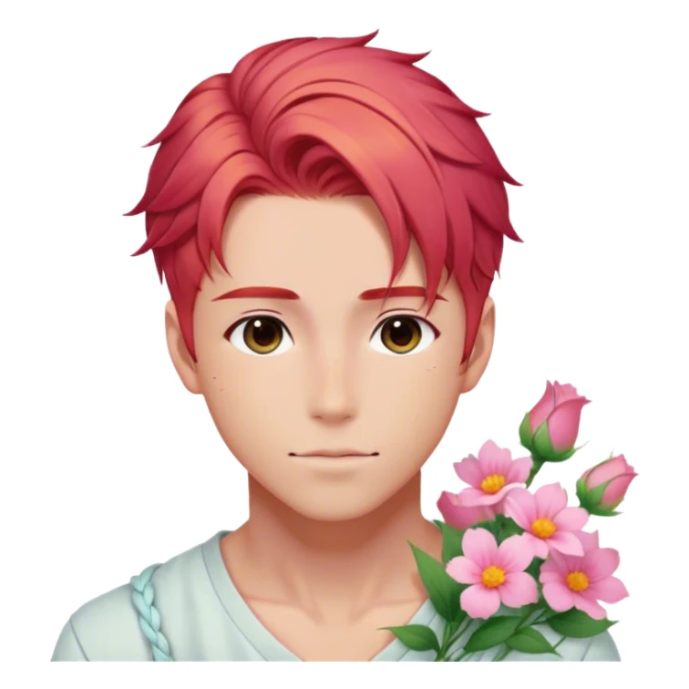 Gorgeous pastel red hair with a thin braid on the side anime style handsome sexy gojo guy with blushing face and flowers aesthetic trending style outside sticker