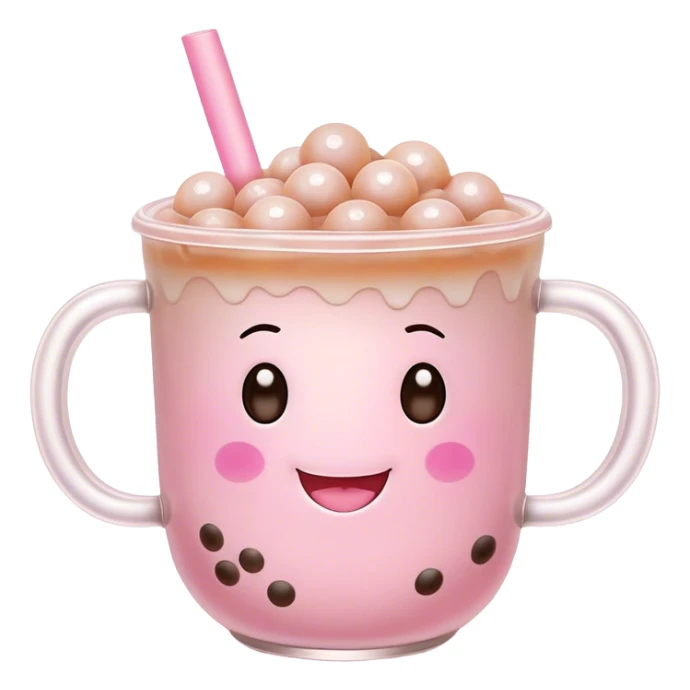 Cute Kawaii Boba Tea Cup, with a happy smiling face, chubby round shape, pastel pink and brown colors, soft glowing highlights, adorable tapioca pearls floating inside, sparkling eyes full of joy! sticker