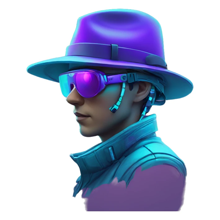 Secret human agent in a hat with  cyberpunk elements in VR googles scanning looking reviewing multicolor lines of code, cyan and purple colors, only upper body portrait sticker