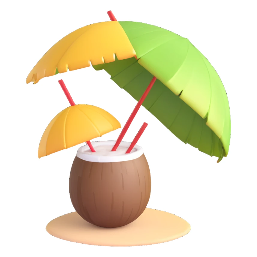 3D emoji style coconut with a straw and umbrella, tropical drink, simple and expressive sticker