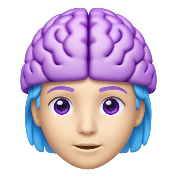 Modern 3D AI emoji, digital brain with subtle tech icons, neutral intelligent expression, blue and purple colors, clean educational style, soft lighting, transparent background. sticker