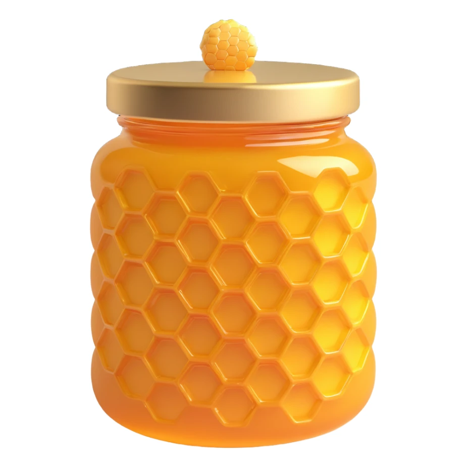 3D emoji style honey jar, with a honeycomb pattern on the jar, golden honey, simple and expressive sticker