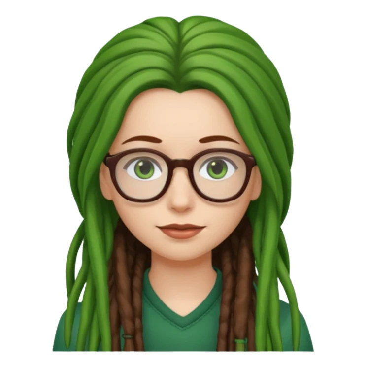 A white Girl with glasses,Brown long hair, grenn dredd sticker