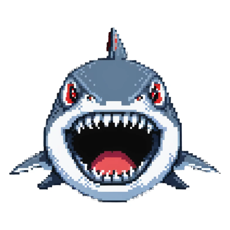 shark with big white teeth shown prominently in a menacing face-on view sticker