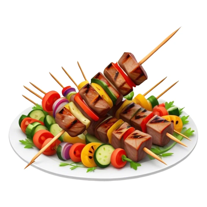 Cinematic Realistic Shish Kebab Dish Emoji, showcasing skewered, grilled meat with vibrant vegetables rendered with dynamic textures and warm, inviting lighting. sticker