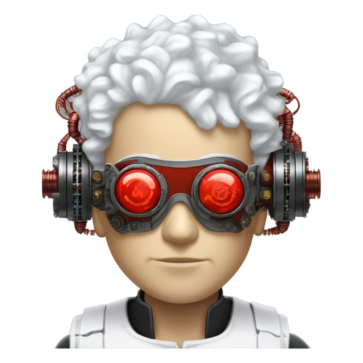 White curly hair male cyborg head with red steampunk goggles and circuits sticker