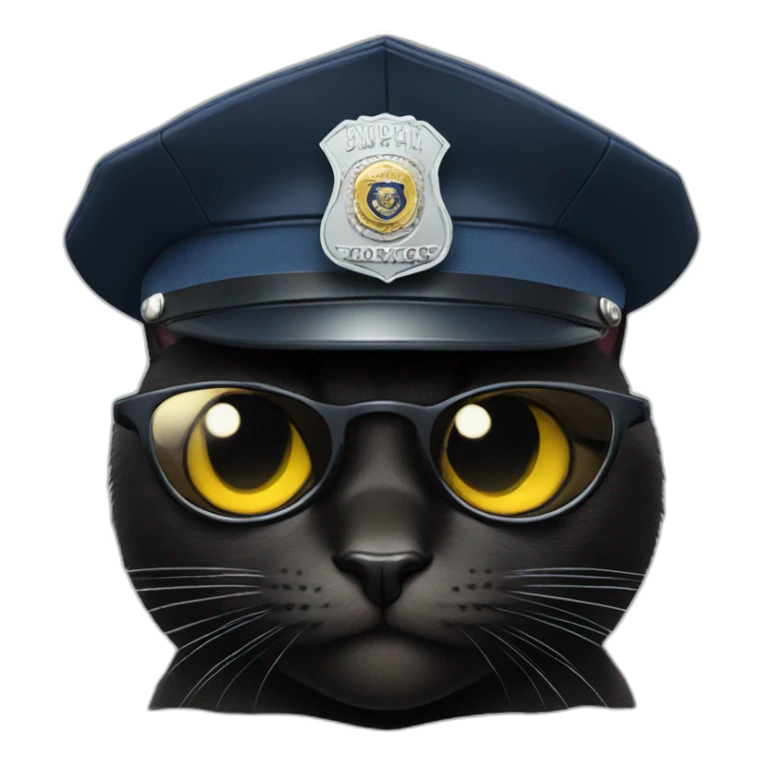 a black cat with sunglasses and a police cap sticker