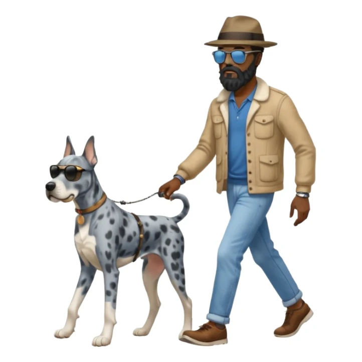 man and dog, tall bearded black man walking blue Merle Great Dane, illustration style sticker