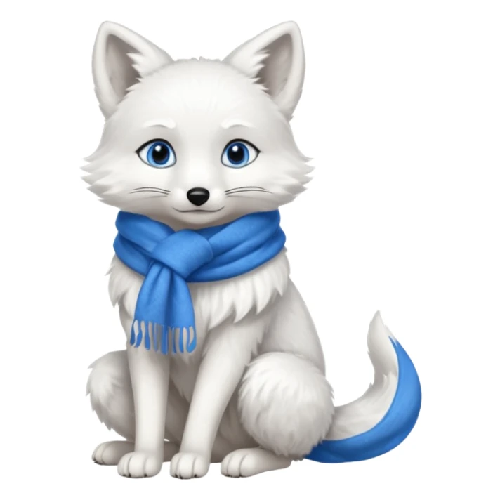 a white fox with blue eyes wearing a blue scarf in a sitting pose sticker