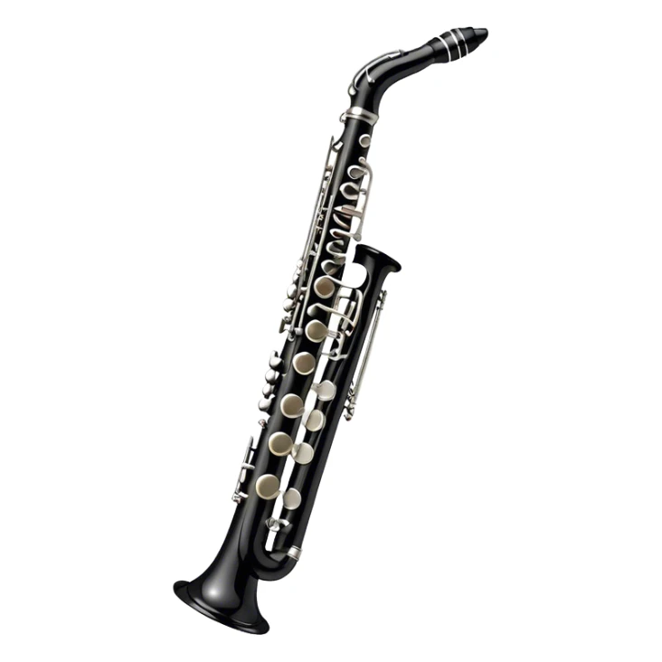Create a sleek and professional emoji representing a black standard clarinet. The design should feature a smooth, glossy black body of the clarinet with shiny, silver keys clearly visible. Highlight the intricate details of the mouthpiece and reed at the top, while the body of the instrument should remain simple and elegant. Add subtle musical notes or soundwaves floating around the instrument to symbolize its clear, melodic sound. Use black for the body, silver for the keys, and soft lighting effects to give the instrument a polished, sophisticated look. The background should be transparent. sticker