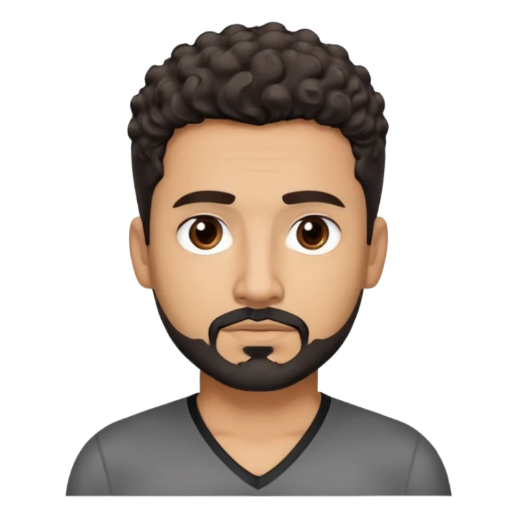 Latino man in his late 40s with light brown skin. Square face with defined jawline. Dark eyes with calm gaze. Short curly dark hair. Black goatee beard with some gray streaks. Wearing a black V-neck shirt. sticker