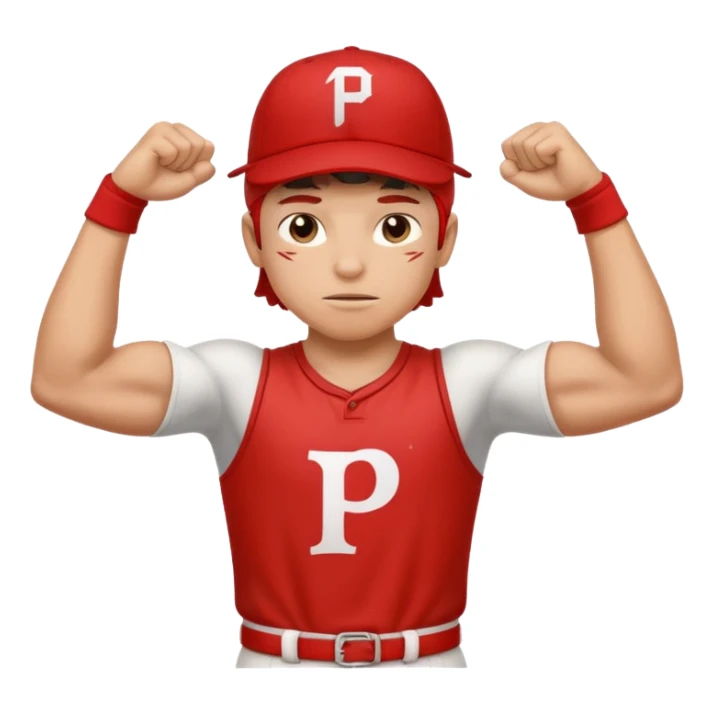 Strong teenage baseball player flexing small muscles red hat with letter p sticker
