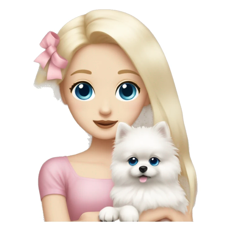 Blond girl white skin blue eyes hugging white Pomeranian with light pink bow sticker