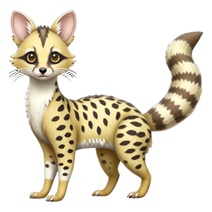  elegant dotted spotted clouded hyper-realistic lifelike furry Civet-Genet-Possum-Serval-Caracal-Sergal-Trico-Numbat-Furret-fusion-Fakemon-hybrid-creature (full body) with long tufted ears and a striped tufted tail  sticker