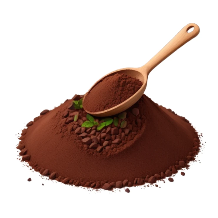 heap of cocoa powder, deep brown, finely ground, velvety, natural edges, tiny wooden spoon partially dipped, clean, 3D, soft shadows, subtle lighting, realistic but stylized, no packaging, no text, no extra elements, transparent background, emoji scale sticker