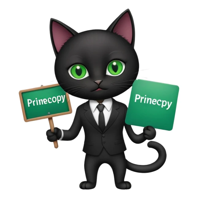 A black cat in a black business suit holds a sign that says "PrimeCopy" sticker