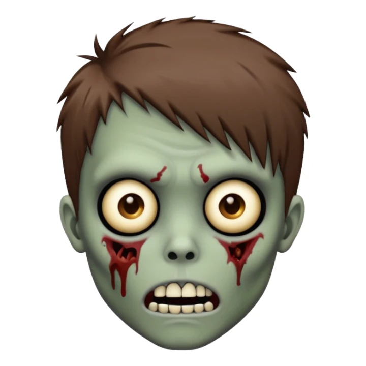 emoji style zombie boy with brown emo hair, medium shaggy, scary face sticker