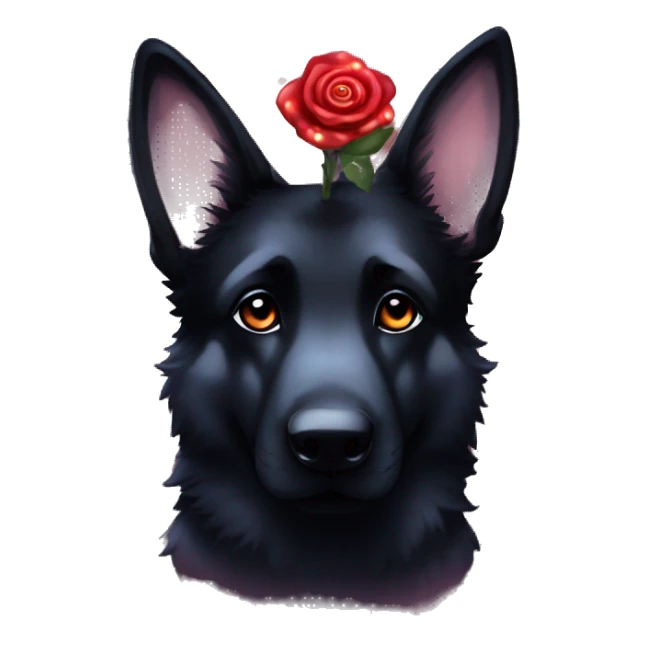Bokeh Midnight constellation night stars Brindled striped brindle black German shepherd fox carrying glowing red lantern, fairy lights, rose flower crown, bokeh lights, out of focus blur sticker