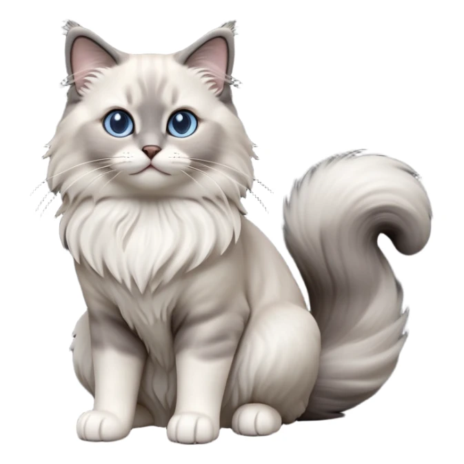 cinematic-[Ragdoll cat]-realistic-full-body-sitting-emoji,-tail-curled-playfully-around-its-paws,-head-tilted-dramatically,-fluffy-[grey ragdoll cat]-fur,-simplified-yet-realistic-focused-features,-highly-detailed,-glowing-with-an-almost-sarcastic-glow sticker