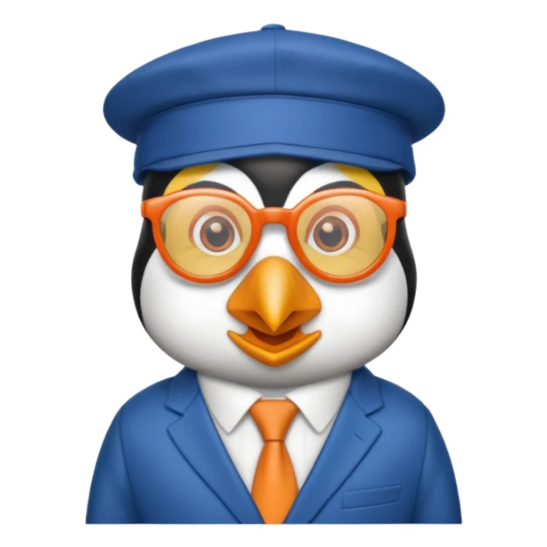 penguin wearing  orange glasses and cap and suit, the cap's left side and right side is yellow and middle side is blue sticker