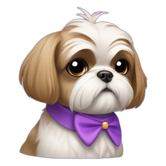 shihtzu dog wearing a bun and a pueple collar sticker