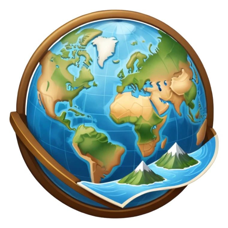 An icon featuring a globe, a compass, and a map, symbolizing geography. The design includes mountain ranges, rivers, and continents, representing the study of Earth’s landscapes and environments. Transparent background highlights the exploration and understanding of the world’s geography. sticker