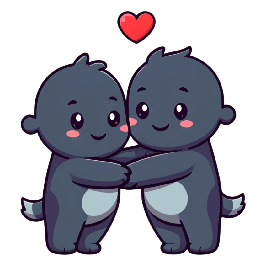 Two cute cartoon characters hugging with hearts around them sticker