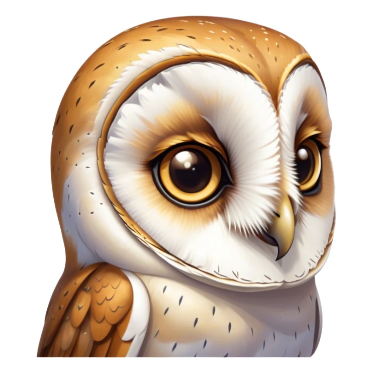 Cinematic Cute Barn Owl Portrait Emoji, Head tilted playfully and inquisitively, featuring a softly mottled Fur of white and brown with delicate feather patterns, round, sparkling amber eyes filled with curious wonder, Simplified yet irresistibly adorable features, highly detailed, glowing with a warm, friendly glow, high shine, affectionate and gentle, stylized with a touch of barnyard whimsy, bright and endearing, soft glowing outline, capturing the essence of a mischievous yet loving owl, so playful it feels like it could swoop out of the screen and into your arms! sticker
