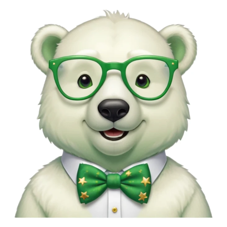head and shoulders of a friendly anthropomorphised polar bear smiling, wearing large multicolored star-shaped glasses, green bow tie, shamrock pin, festive green shirt sticker