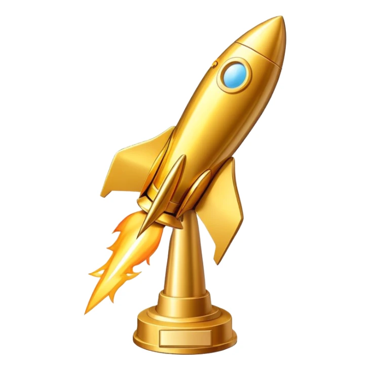 Golden rocket trophy award, shiny gold rocket with a trophy base sticker