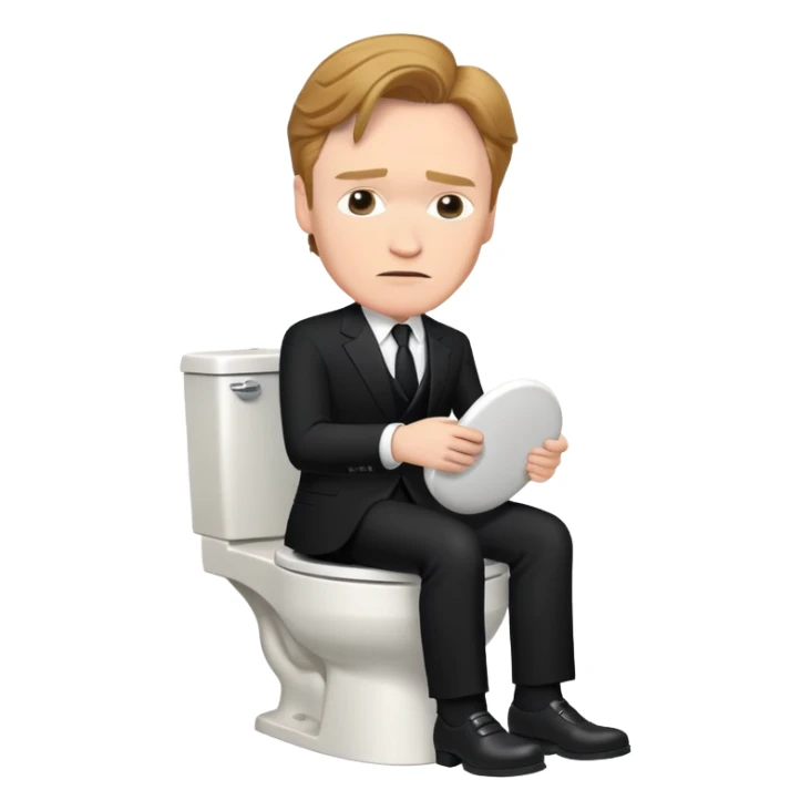 conan obrien in a black suit sitting on a toilet sticker
