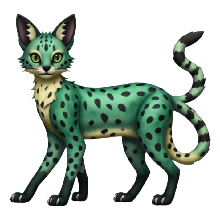 Epic complex detailed dark dusky gloomy deep gothic dark-deep-green, black, realistic Fakémon-Sprigatito-Floragato-Meowscarada-Trico-Sergal-Serval-Vernid-creature (full body) sticker