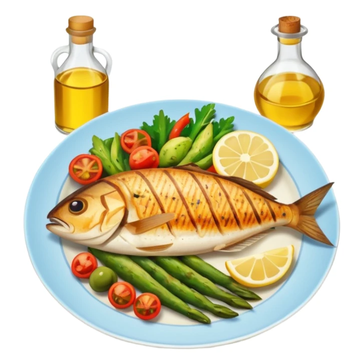 plate with fish, vegetables, and olive oil bottle sticker
