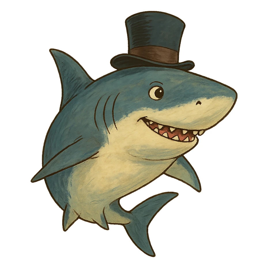 ghibli style shark wearing a top hat sticker