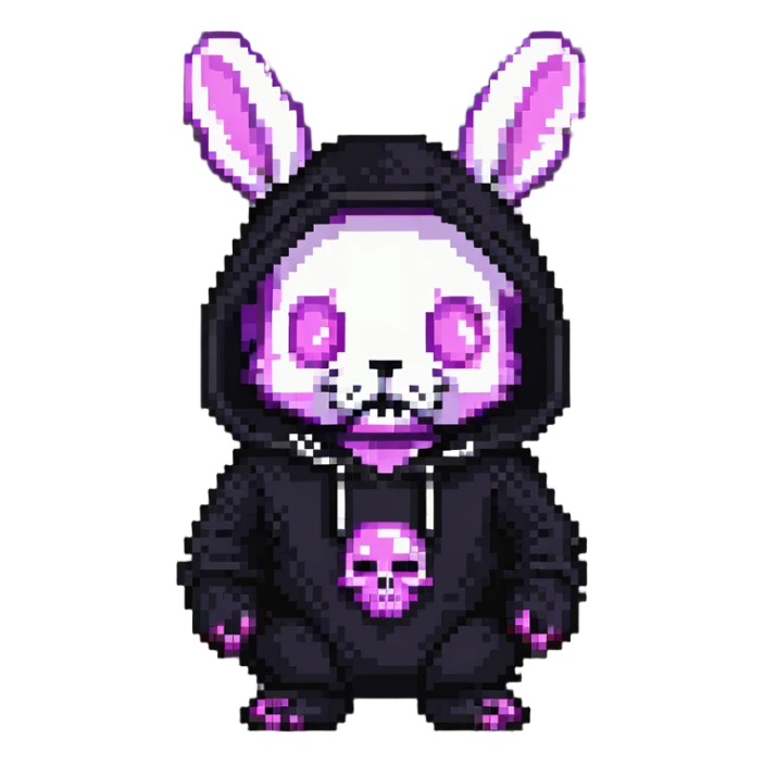 Kuromi character, purple bunny with a black hood and pink skull sticker