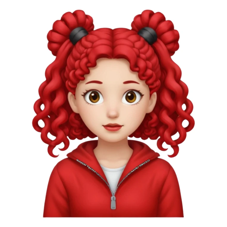 Give her long curly hair with two space buns up and red clothes sticker