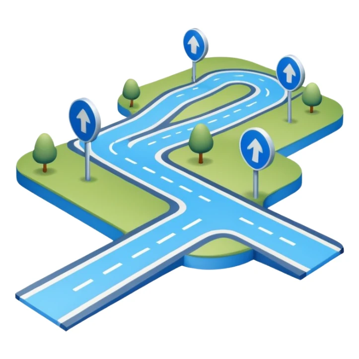 
A 3D minimal icon showing a street route with a clear path, blue road with white markings, in a clean, minimal 3D style and a transparent background. sticker