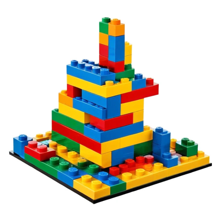 A photorealistic icon featuring colorful LEGO bricks in the process of being assembled into a structure, with a few partially built pieces. bright design, detailed textures of the bricks and the building process, capturing the creativity and fun of LEGO construction. Transparent background. sticker