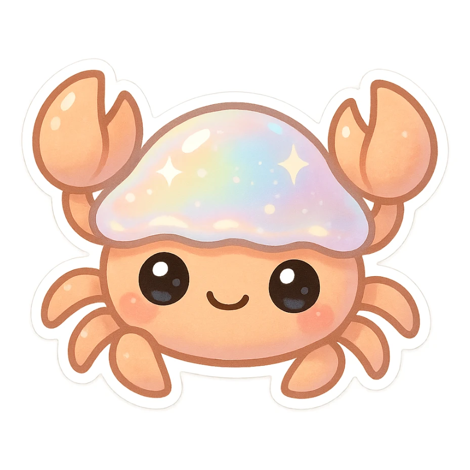 adorable crab with pearly pastel shell, shimmering effect, big eyes, minimal background sticker