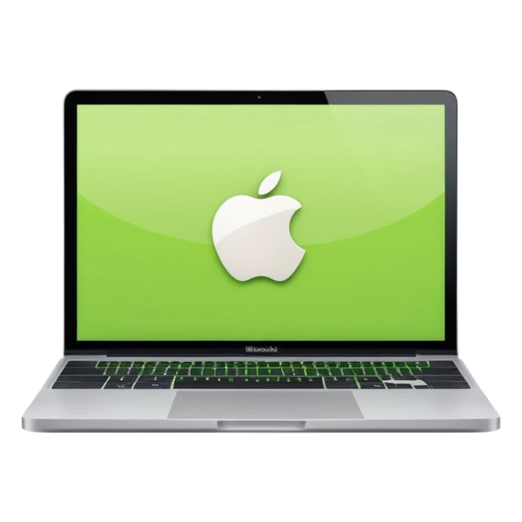 A macbook laptop front facing with its screen showing lime green screen with white paper overlapping outside the monitor . sticker