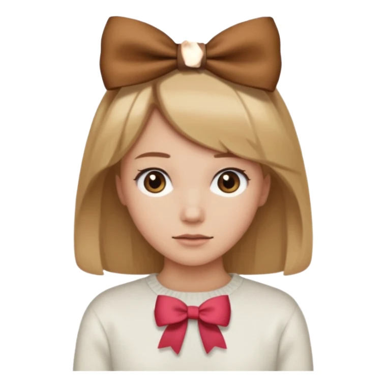 Pelo color marron claro acercándose a el rubio,suéter blanco con un moño marron, piel normal clara,y un mini moñito en la cabeza marron sticker