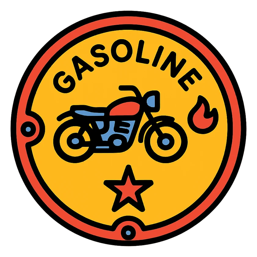 circular motorcycle gas cap design, transparent background, text 'GASOLINE', motif: motorcycle, flame, star, classic style sticker