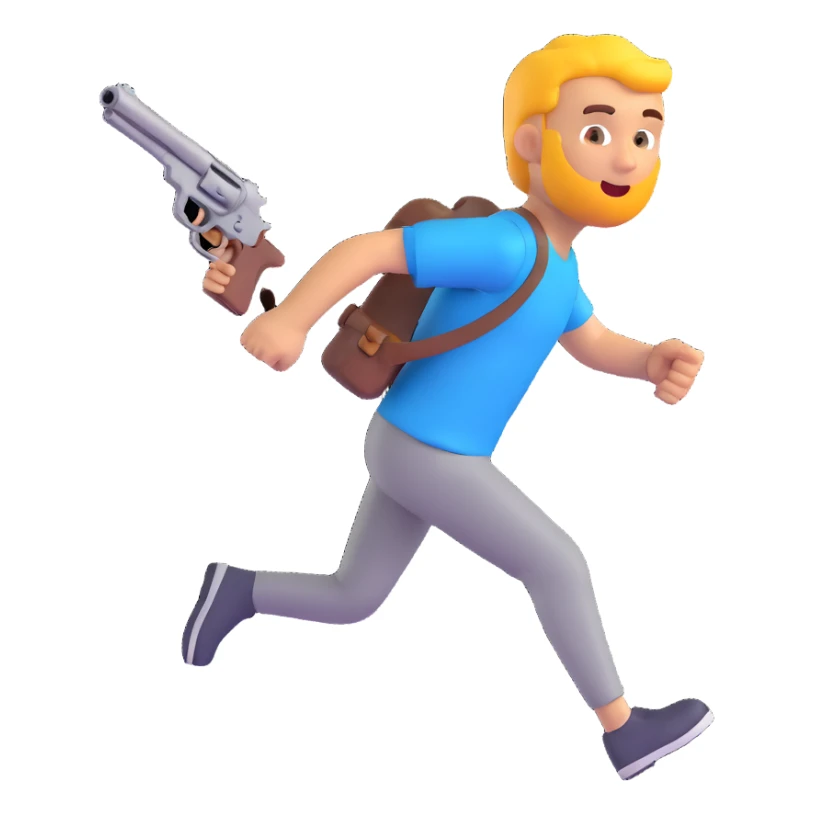a guy running with a gun in his hand, 3D emoji style sticker
